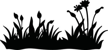 Silhouette of a garden with various plants and flowers, showcasing a beautiful arrangement of botanical shapes in a monochrome style illustration vector