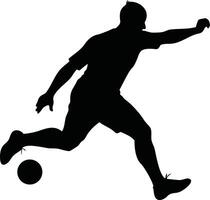 Silhouette of a soccer player in mid-action, dynamically kicking a ball with intense focus and energy, capturing the essence of the sport illustration vector