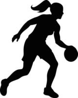 Dynamic silhouette of a female basketball player in mid-action, dribbling a ball with intense focus and agility illustration vector
