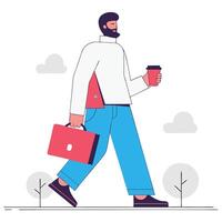 Bearded man in a white sweater and blue pants walking confidently with a red briefcase in one hand and a coffee cup in the other, set against a minimalistic background illustration vector