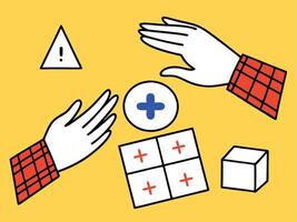 Hands Interact with Medical Plus Symbols and Warning Sign vector