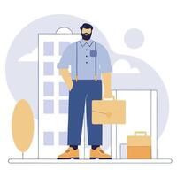 Confident businessman with a beard and suspenders holding a briefcase, standing in front of modern buildings, symbolizing success and professionalism illustration vector
