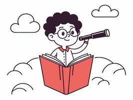 Boy on Book Flying with Telescope Exploring Clouds vector
