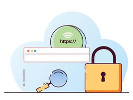 Secure HTTPS Website Connection with Padlock and Magnifying Glass vector