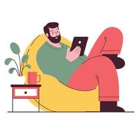 Relaxed man with a beard lounging in a yellow bean bag, using a tablet, with a red side table holding a plant and mug nearby illustration vector