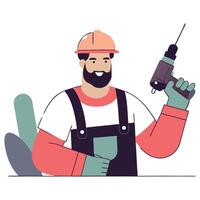 Smiling construction worker in a hard hat and overalls, confidently holding a drill, ready for any home improvement or building project illustration vector