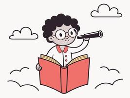 Boy on Flying Book Exploring with Telescope vector