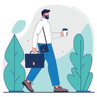 Confident businessman with a briefcase and coffee, walking amidst modern greenery, symbolizing a successful start to the day illustration vector