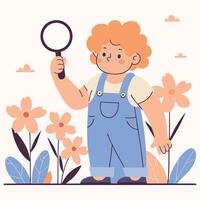 Curious child with a magnifying glass exploring in a garden filled with colorful flowers and plants, symbolizing learning and discovery illustration vector