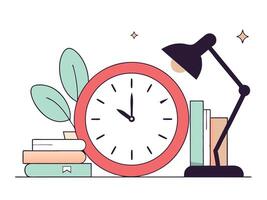 Peaceful Study Setup with Clock Books and Lamp vector