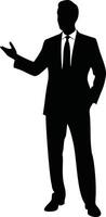 Silhouette of a confident businessman in a suit, standing with one hand in pocket and the other gesturing, perfect for business presentations and corporate designs illustration vector