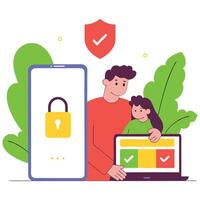 Father and daughter using secure technology with a smartphone and laptop, emphasizing safety and protection in the digital world illustration vector
