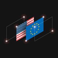 Futuristic digital illustration of USA and EU flags connected by glowing data points vector