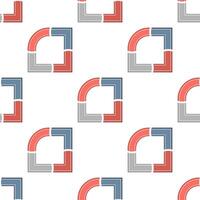 Seamless geometric pattern with interlocking curved and square segments in red, blue, and gray vector
