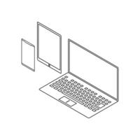 Isometric outline of laptop, tablet, and smartphone devices in minimalist style vector