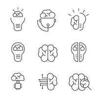 Line icons set of brain, AI, and creative thinking concepts vector