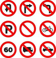 Prohibited road signs icon set with red circle and slash vector