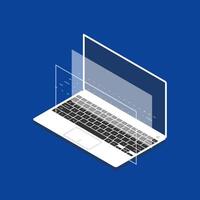 Isometric laptop with layered transparent screen and digital interface elements vector