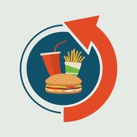 Fast food meal with burger fries and drink in circular arrow symbol vector