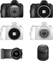 Realistic photo camera and lens set with black and white DSLR designs vector