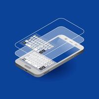 Isometric smartphone with layered touchscreen and virtual keyboard interface vector