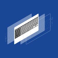 Isometric layered illustration of laptop keyboard and digital interface on blue background vector