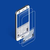 Isometric illustration of smartphone touchscreen layers and digital keyboard vector