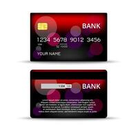 Modern credit card mockup with red and black bokeh background design vector