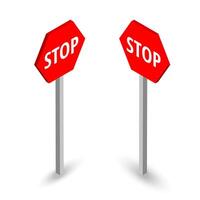3D red stop signs on poles with white text vector