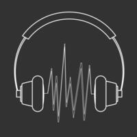 Headphones with audio waveform outline on dark background vector