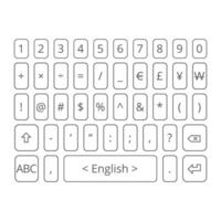 Outlined virtual mobile keyboard with numbers, symbols, and currency characters vector