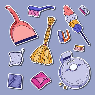 Childish doodle sticker set with sanitation and hygiene supply for planners, notebooks. Ready for print list of colorful stickers with robot vacuum cleaner, feather duster, broom, dustpan, rags.