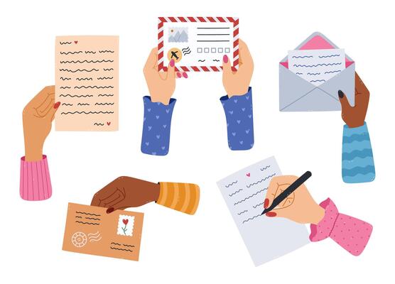 Lovely cartoon set with woman arm writing a letter, holding airmail envelope with both hands, receiving paper sheet. Cute hand drawn postal, delivering mail clipart isolated on white background.