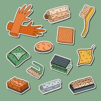 Multicolor doodle sticker set with funny tools for cleansing home for planners, notebooks. Ready for print list of childish clipart with protective rubber gloves, scrub sponge, brushes, rags, cloth. vector