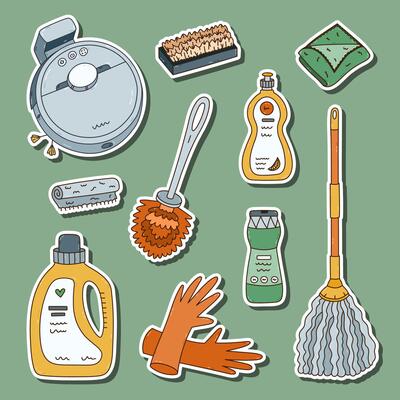 Cartoon line doodle sticker set with washing apartment tools and detergent products for planners, notebooks, diary. Ready for print list of colourful cleansing clipart. Brush, gloves, laundry gel.