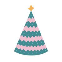 Lovely multicolored birthday party hat with star above, zigzag wide stripes, dots. Colorful patterned party paper cone for festivity, clown costume. Simple flat New Year cap isolated on background. vector