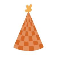 Lovely cartoon birthday party hat with abstract blob above and checkered pattern. Decorated party cone with check for Happy Birthday. Colourful flat Christmas cap isolated on background. vector