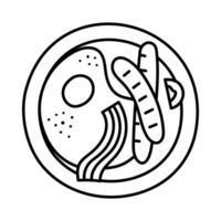 Lovely outline traditional English breakfast with fried eggs, bacon, grilled sausage, slice of tomato on plate top view. Childish hand drawn doodle of British diner serving isolated on background. vector