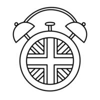 Simple outline alarm clock with England flag on dial. Time to learn English illustration concept. Childish hand drawn doodle for studying foreign UK and USA language at university, school, courses. vector