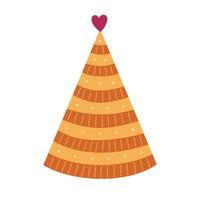 Lovely birthday party hat in vivid colours with heart above and ornament with horizontal stripes. Patterned party cone for carnival. Cartoon flat Christmas and New Year cap isolated on background. vector