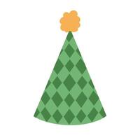 Lovely cartoon birthday party hat with fluffy pompon above and rhombus checkered ornament. Triangle paper cone with check for circus, carnival, clown. Colored flat New Year cap isolated on white. vector