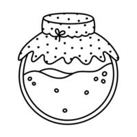 Lovely doodle closed glass jar full of honey with textile with polka dot pattern and string bow. Childish hand drawn glassware honey pot with bubbles isolated on background. Yummy organic sweets vector