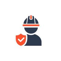 An illustrative icon showing a dedicated construction worker wearing a hard hat and holding a shield, representing the crucial themes of safety and protection within the workplace environment vector