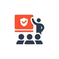 An icon representing a safety training session with a speaker and an engaged audience, highlighting the significance of workplace safety education and collaborative learning for better outcomes vector