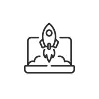 A minimalistic startup icon that depicts a sleek rocket launching from a laptop. This icon is ideal for symbolizing concepts such as innovation, growth, and the dynamic nature of tech startups vector