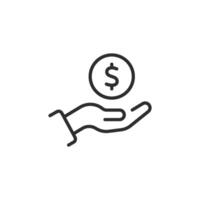 A simple and minimalist line art icon displays an elegant hand gripping a dollar coin, effectively representing finance, money exchange, and various payment transactions important in our economy vector