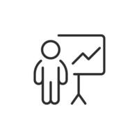 This effective line icon represents a business presentation, showing a person by a growth chart, ideal for symbolizing data, analytics, and professional discussions in various contexts vector