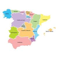 Map of Spain with division to region on color. With region name. Flat design with national flag illustration. vector