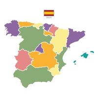 Flat colored Spain map. Outline with division to region. Spain map isolated on white background. Illustration with national flag. vector