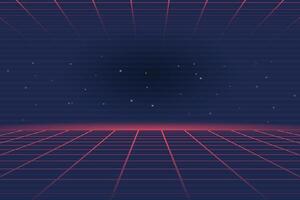 Retro futuristic synthwave vaporwave background with neon laser grid and abstract landscape. 80s style illustration for music, games, or digital art projects. vector